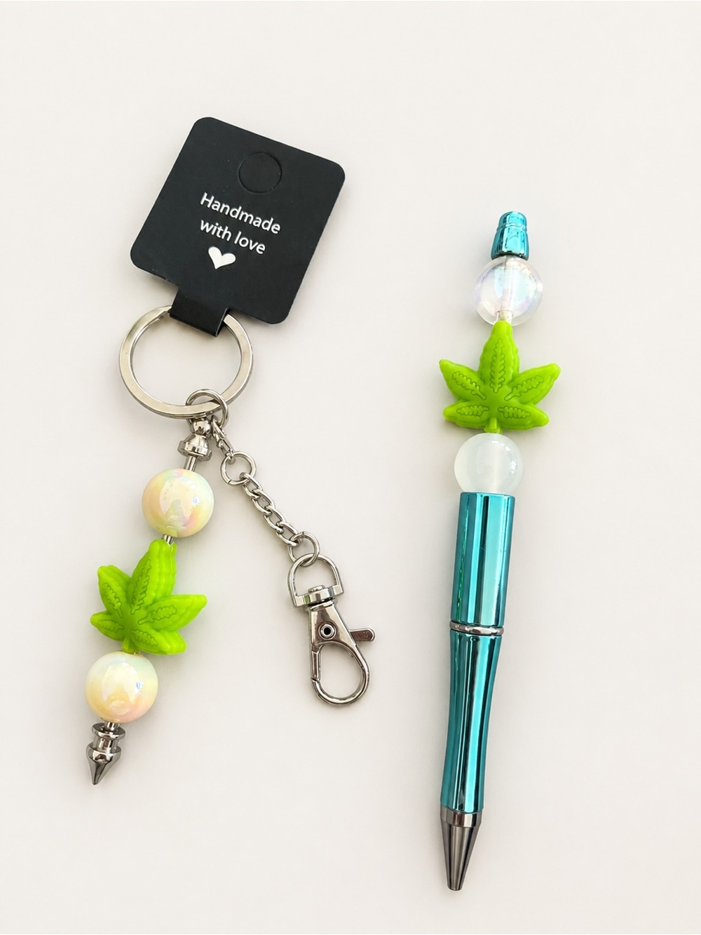 Handmade Teal Ballpoint Pen & Keychain Set with Lime Green Leaf Accents